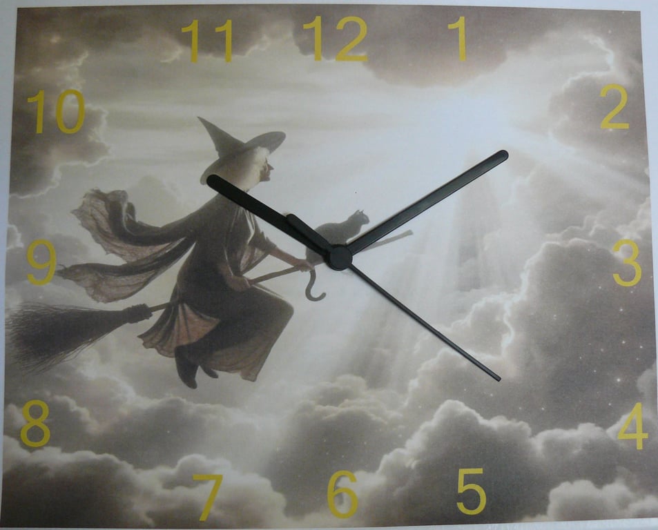witch clock witch on broomstick with black cat wall clock