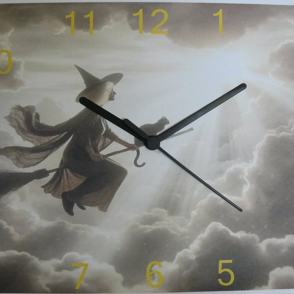 witch clock witch on broomstick with black cat wall clock