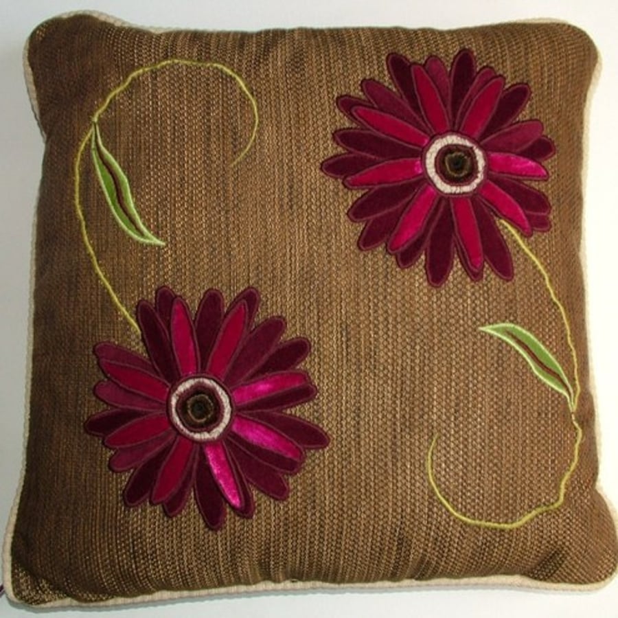18" Brown and Wine Red flower cushion with feather pad