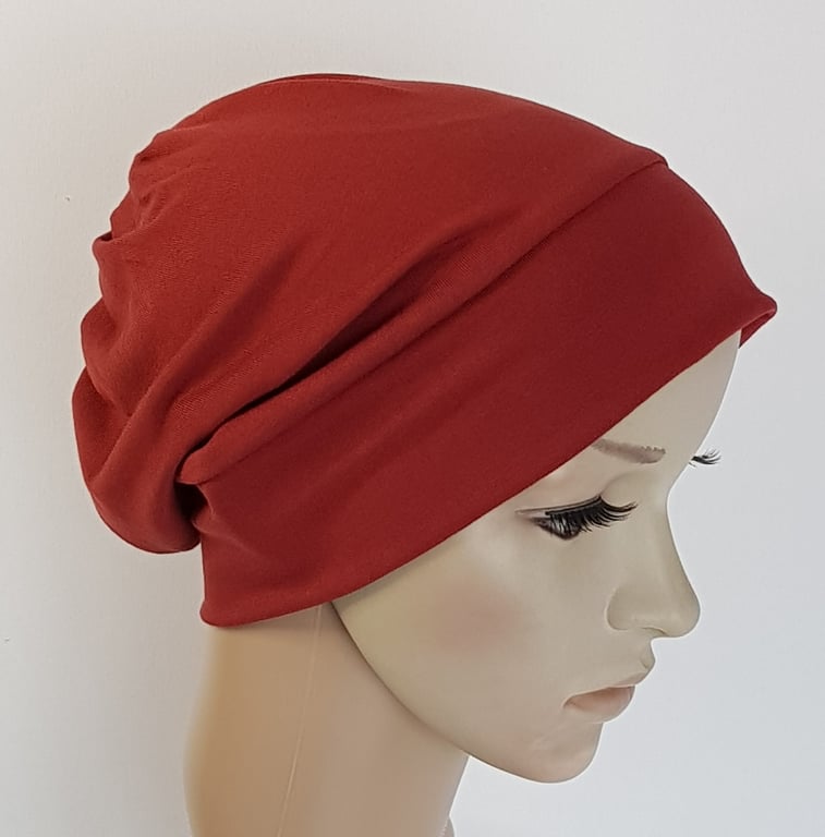 Rust viscose jersey hat, lightweight chemo cap, alopecia hair loss head wear