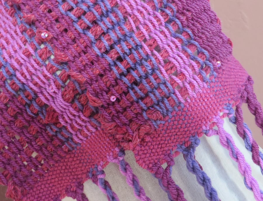 Scarf, Hand woven, Pink, Plums,Lilac,chunky, sparkle, sequins,fashion,neck,cowl