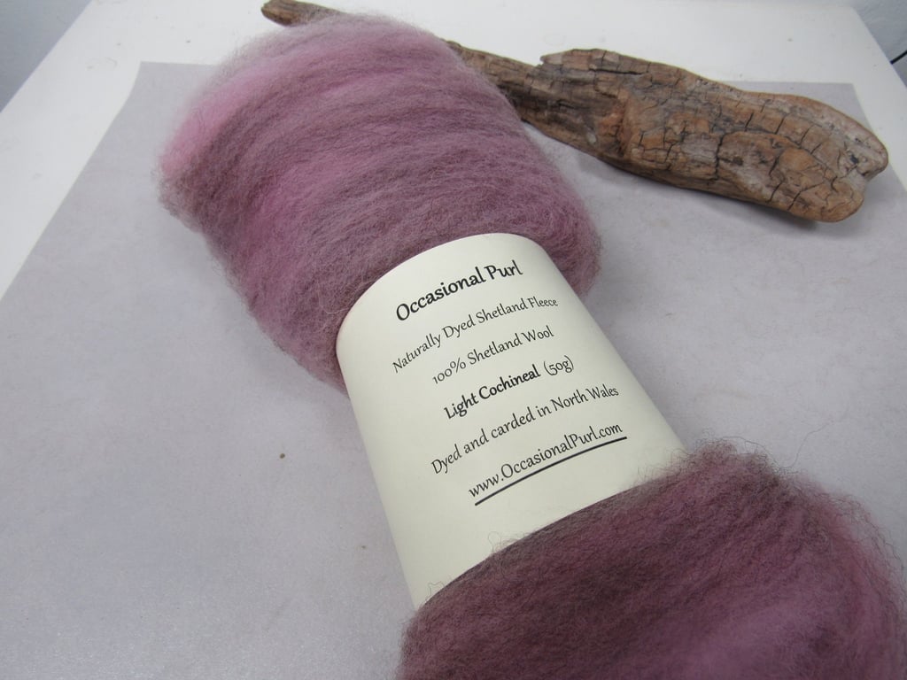 50g Light Cochineal Pink Naturally Dyed Shetland Wool Batt