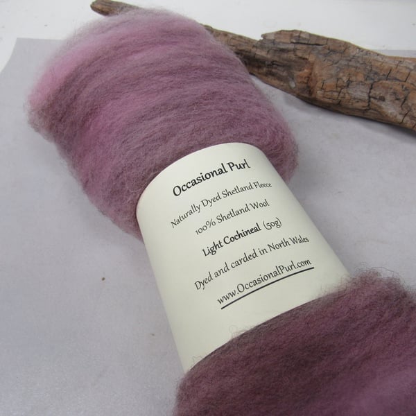 50g Light Cochineal Pink Naturally Dyed Shetland Wool Batt