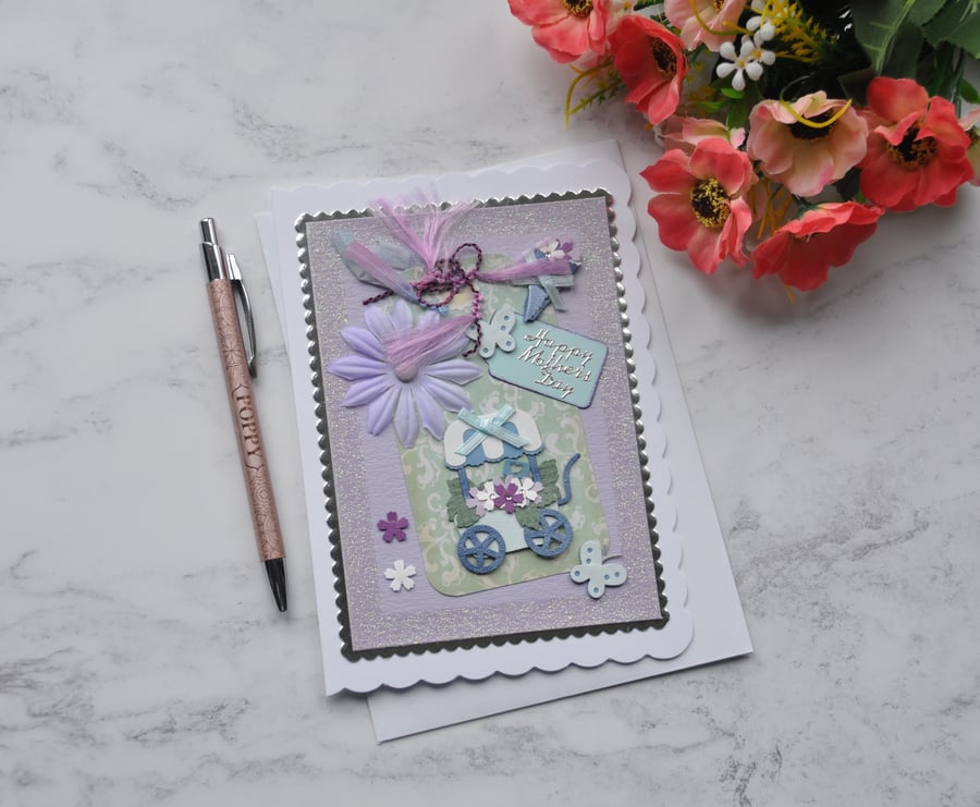 Happy Mother's Day Flower Cart and Butterflies Free Post 3D Luxury Handmade Card