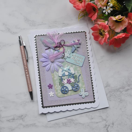 Happy Mother's Day Flower Cart and Butterflies Free Post 3D Luxury Handmade Card