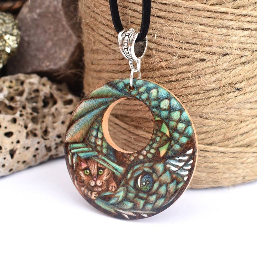 Dragon and his cat, pyrography wooden pendant, wood anniversary gift.