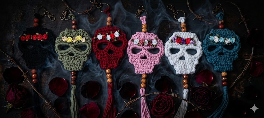 Día de los Muertos Rebel Soul: Hand-Crocheted Sugar Skull Bag Charm with Tassel 
