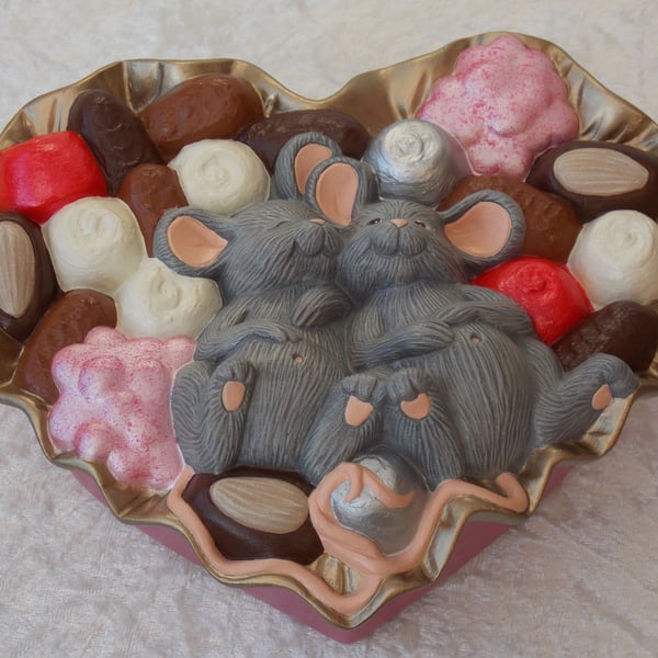 Ceramic Hand Painted Pink Gold Box Chocolates Grey Mice Jewellery Trinket Box.