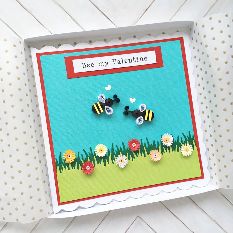Valentine’s Day card - quilled bees and flowers - boxed option