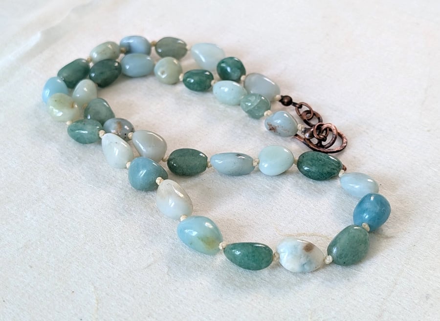 Amazonite, aquamarine and green aventurine gemstone knotted necklace 