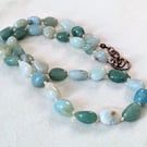 Amazonite, aquamarine and green aventurine gemstone knotted necklace 
