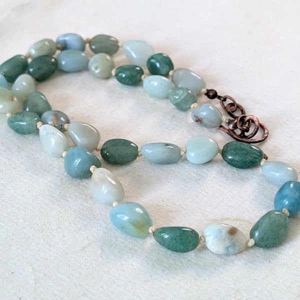 Amazonite, aquamarine and green aventurine gemstone knotted necklace 
