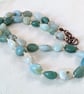 Amazonite, aquamarine and green aventurine gemstone knotted necklace 