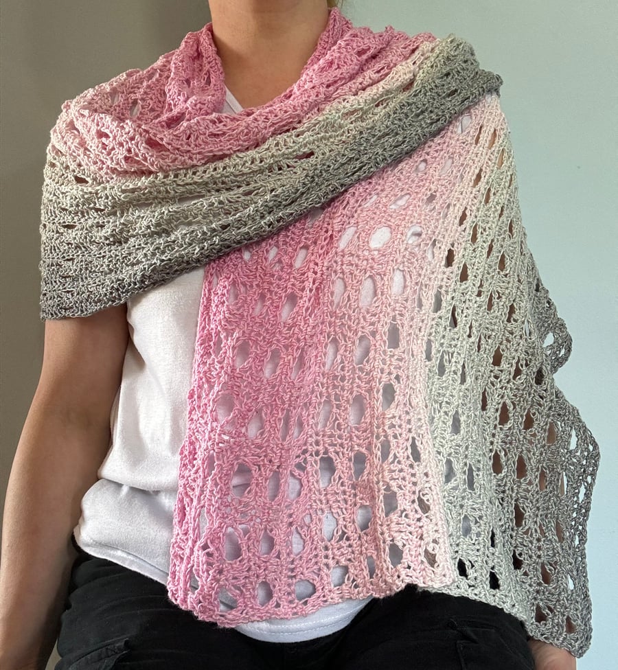 Handmade lacy crochet shawl, wrap, scarf in pink and grey