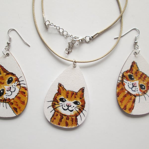 Kitten earrings and pendant set. Cat original painting on wood.