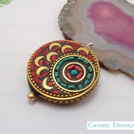 Large Round Ethnic Nepal Tibet-Turquoise Coral-Pendant.