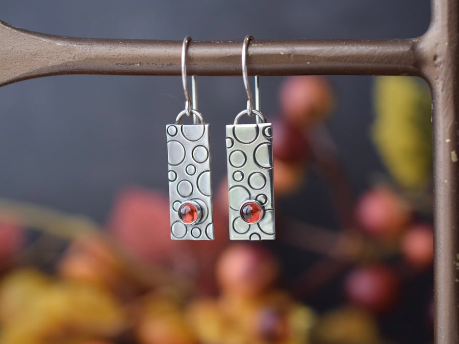 Garnet and Textured Silver Dangle Earrings