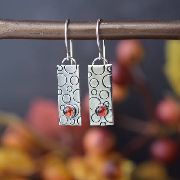 Garnet and Textured Silver Dangle Earrings
