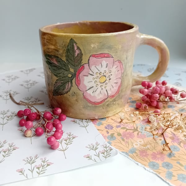 Dog rose small mug, hand painted earthenware ceramic wood fired, organic shape