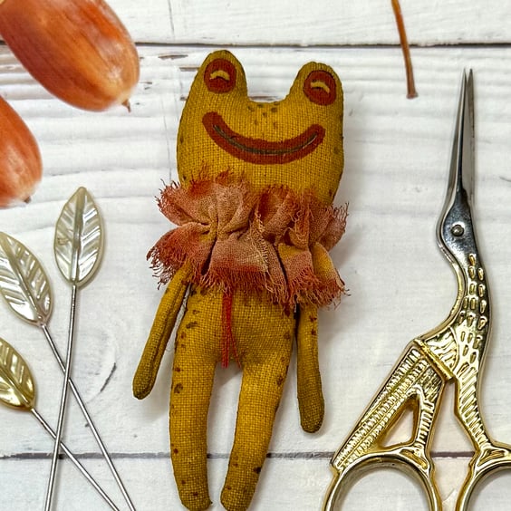 Hand Painted Miniature Frog Art Doll in Yellow
