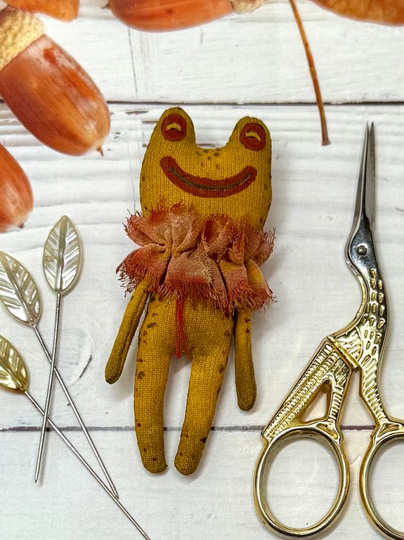 Hand Painted Miniature Frog Art Doll in Yellow