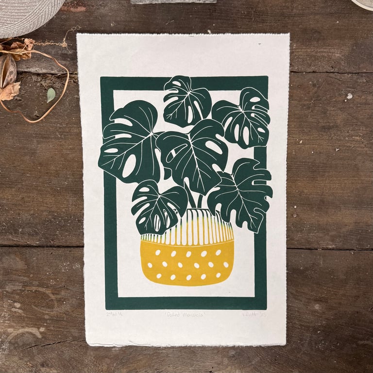 Potted Monstera - Original Hand Printed Linocut