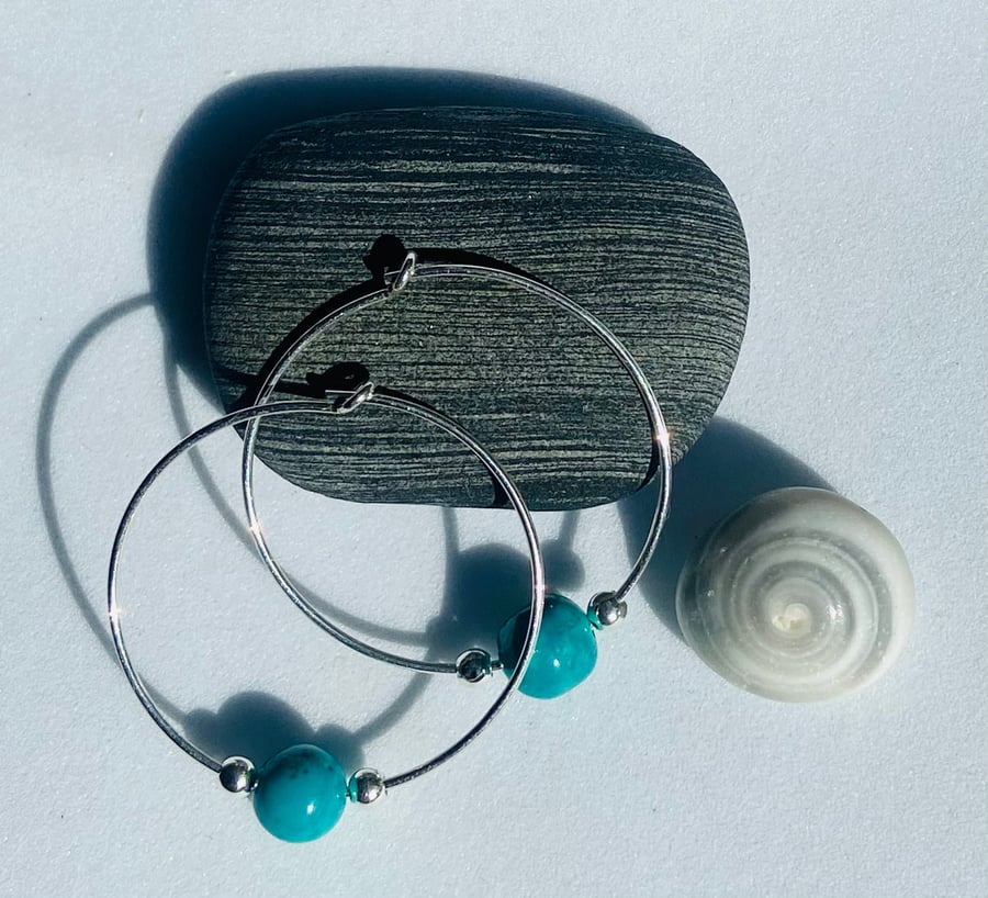 Sterling Silver Hoop Earrings & beads with Semi Precious Turquoise Beads