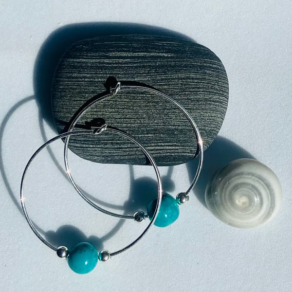 Sterling Silver Hoop Earrings & beads with Semi Precious Turquoise Beads