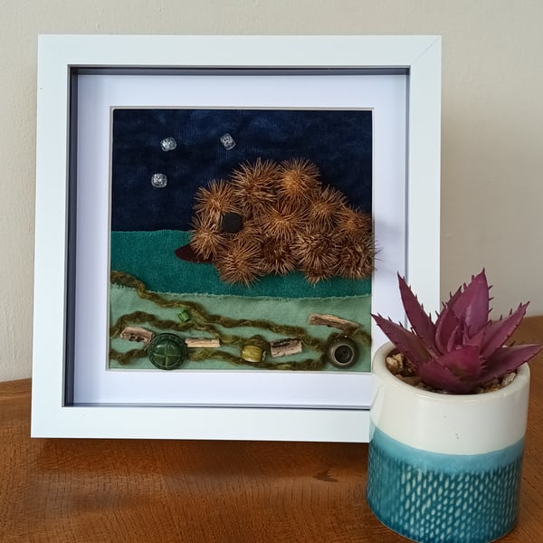 Cute Prickly Hedgehog Woodland 3D Mixed Media Framed Picture Wall Art 8"