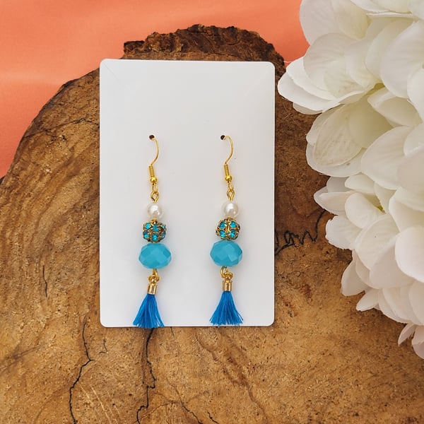 Charming cool turquoise and blue dangle earrings with pretty blue tassels