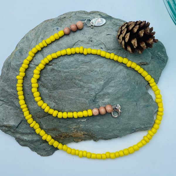 Sunshine Yellow Czech Glass & Rosewood Bead Necklace with Sterling Silver Detail