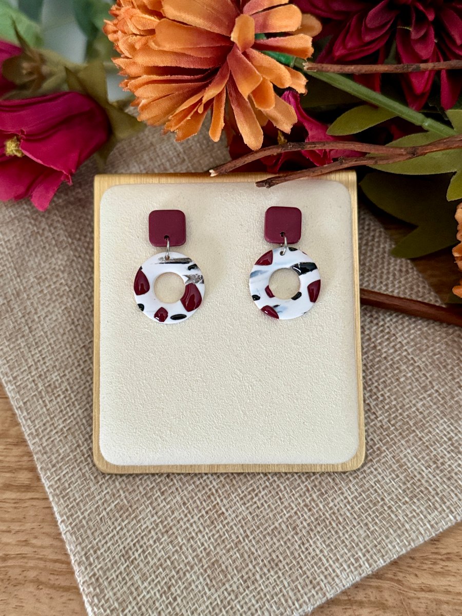 Burgundy Abstract Alt Autumn Hoop Square Earrings