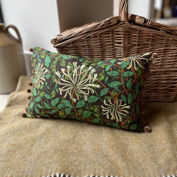 Morris & Co Honeysuckle cushion cover with natural linen back and pompoms