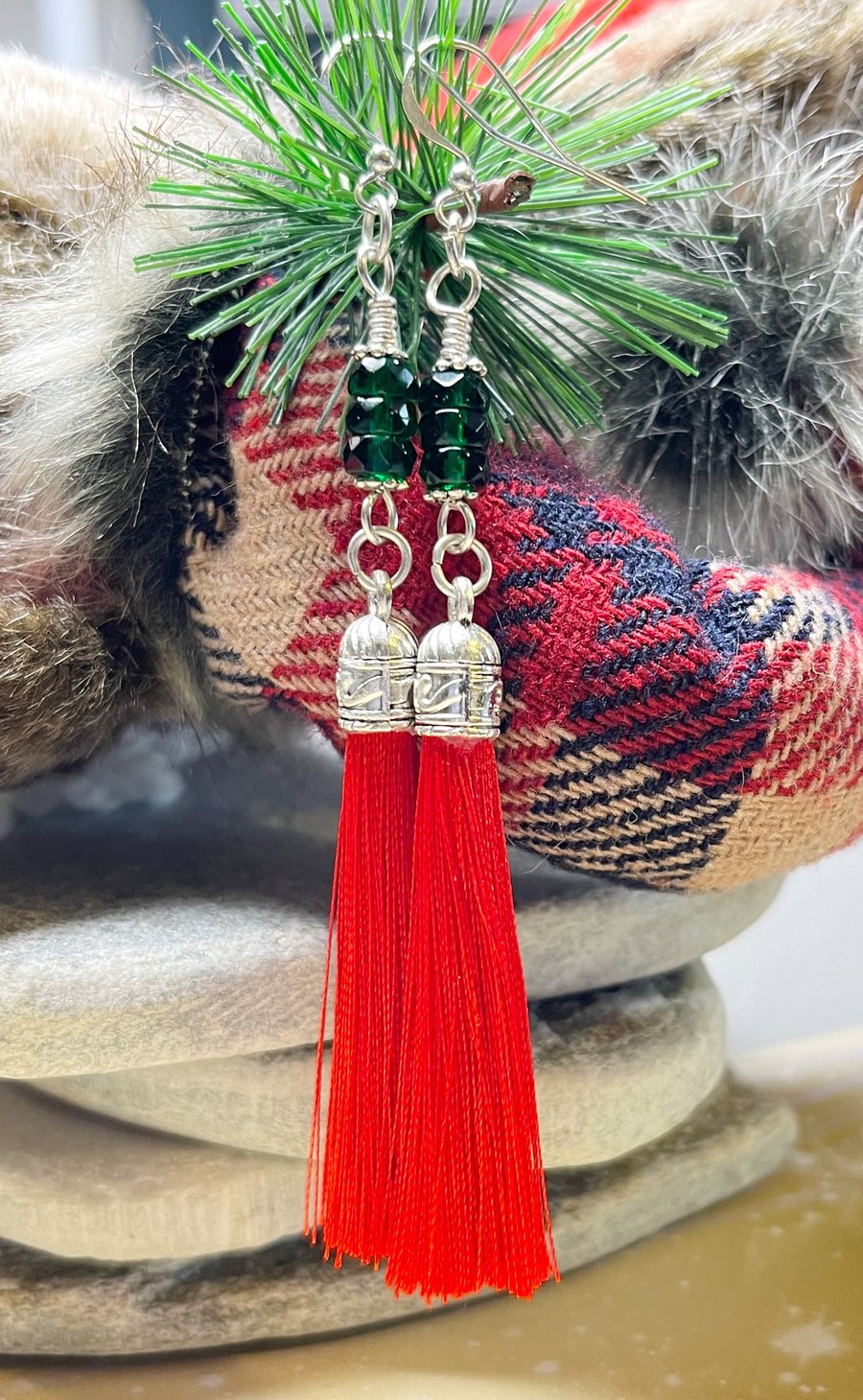 Long colourful Christmas bead earrings in green with red faux silk tassel