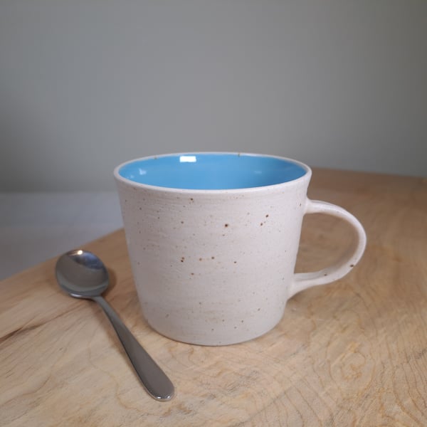 HAND MADE CERAMIC COFFEE TEA MUG - glazed in turquoise and cream