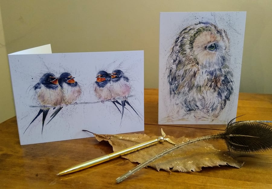 Mixed pack of 8 greetings cards, Owl and Fledglings. 4 of each design