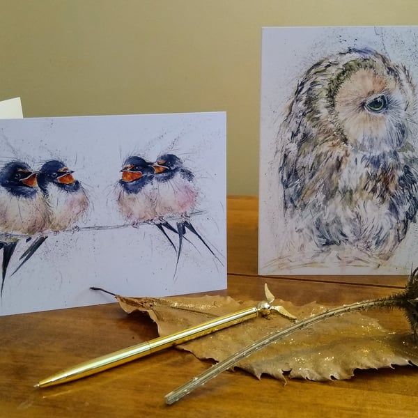 Mixed pack of 8 greetings cards, Owl and Fledglings. 4 of each design