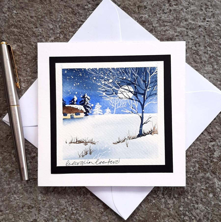 Christmas Card. Christmas Snowscene Stationery. Handpainted Watercolour
