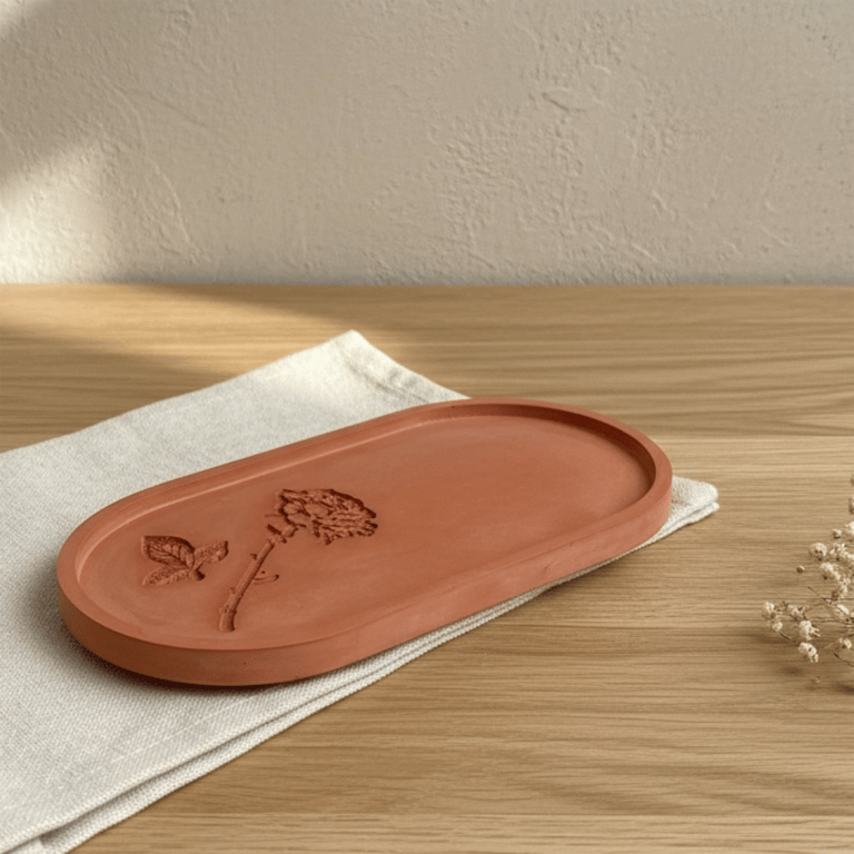 Terracotta Coloured Large Oval Catchall Tray With Botanical Imprints 