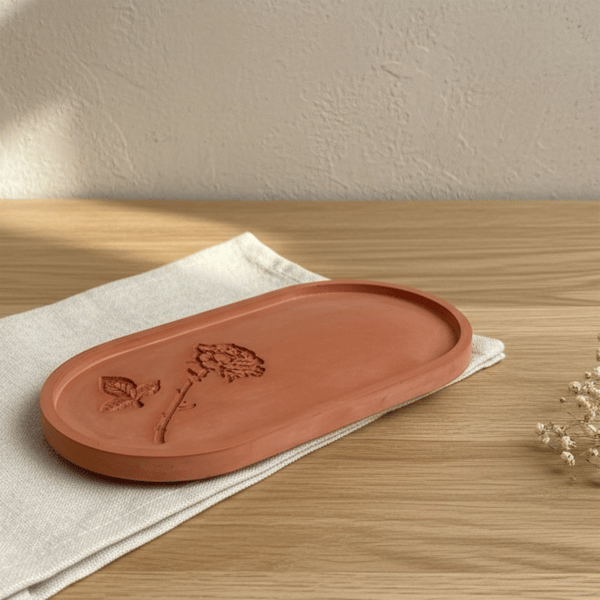 Terracotta Coloured Large Oval Catchall Tray With Botanical Imprints 