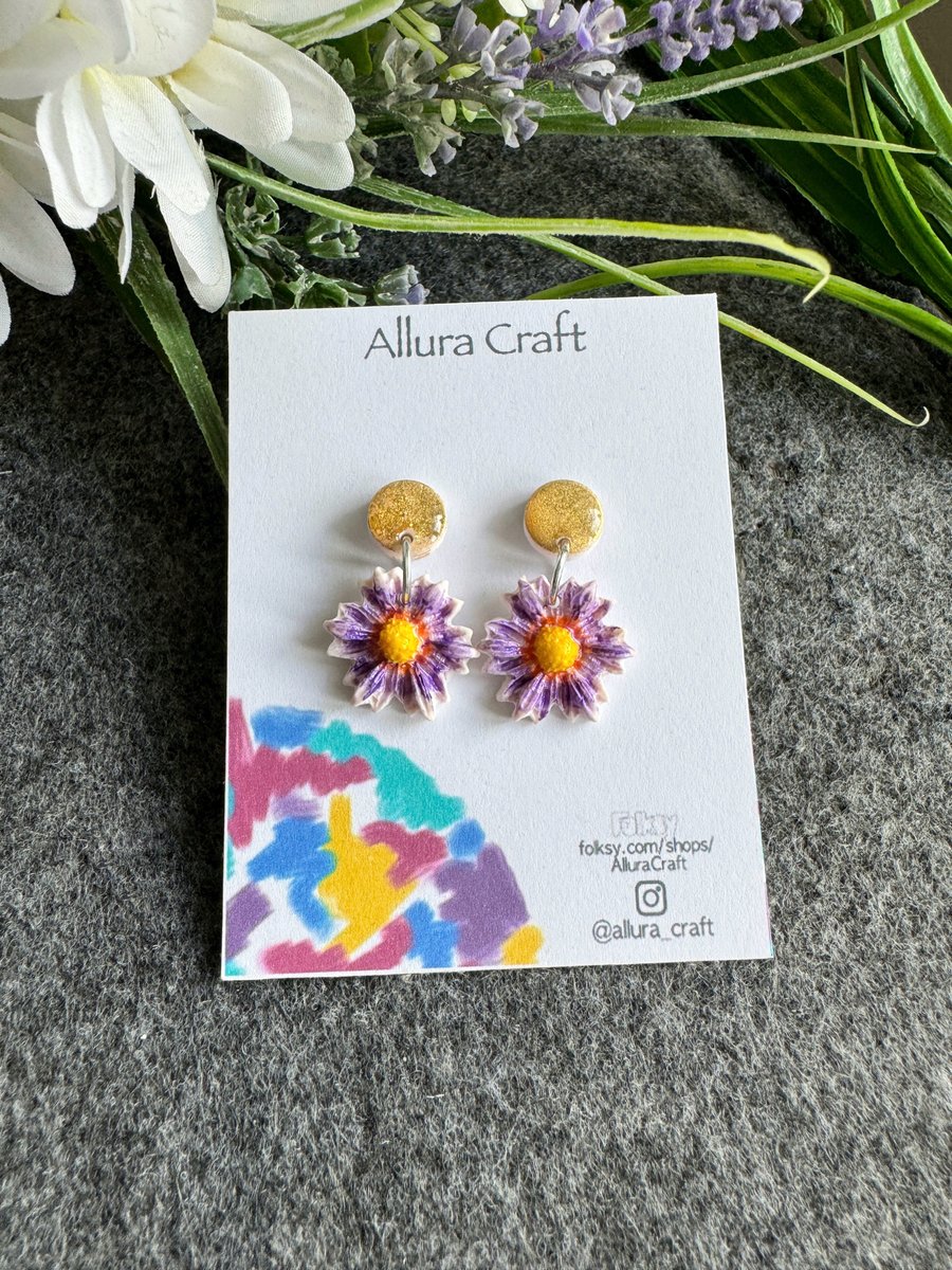 Purple Daisy and Gold Earrings