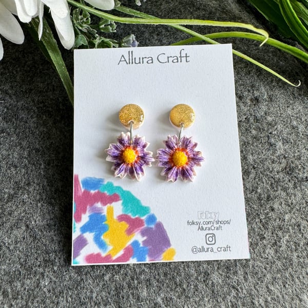 Purple Daisy and Gold Earrings