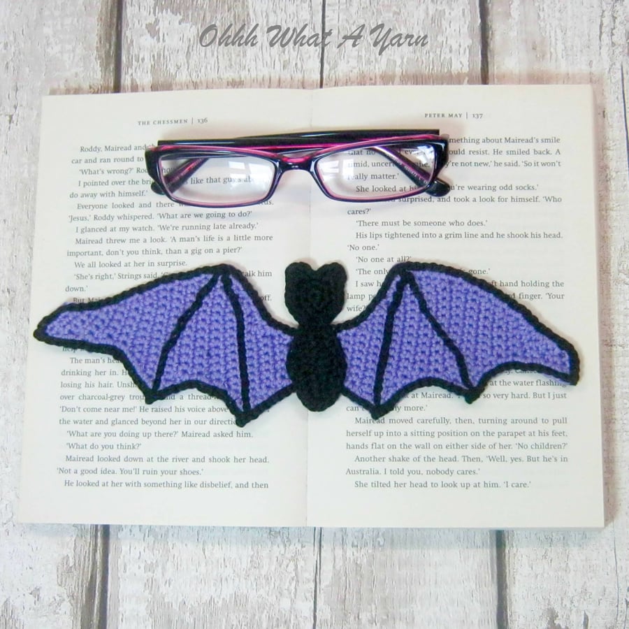 Purple bat crochet bookmark, page keeper