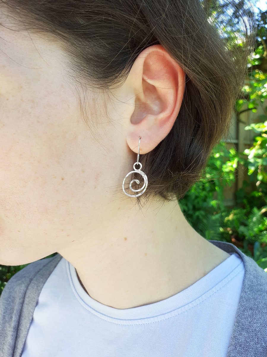 Handmade Textured Silver Spiral Hook Earrings