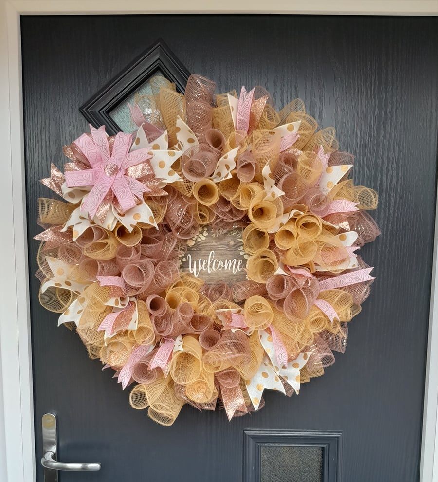 Decomesh Door Wreath, Rose Gold Pink & Natural, All Year  Doo
