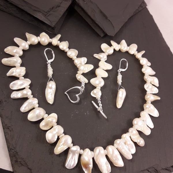 Fancy Pearl with Diamond Set Clasp Necklace and Earrings Set