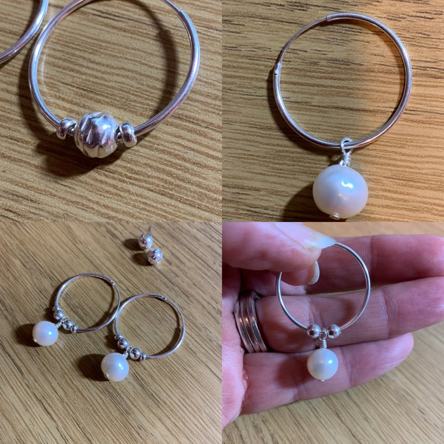 White Pearl and Sterling Silver hoop earrings MULTI WEAR OPTION