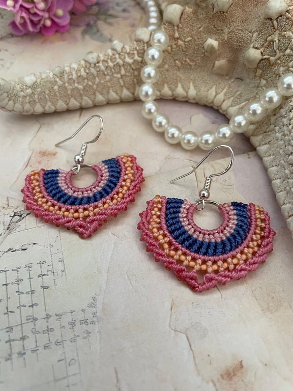 Boho earrings, macrame boho beaded fan shape dangle festival earrings, gift teen