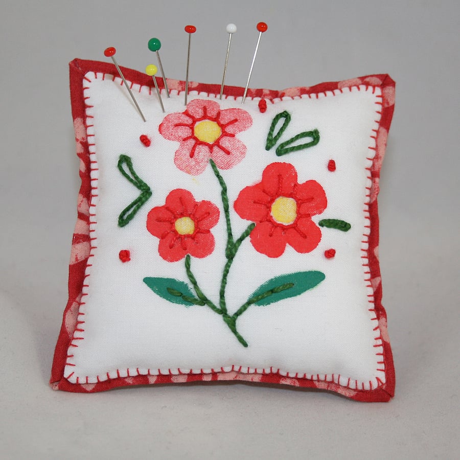 Hand Painted and Embroidered Pincushion - Red flowers