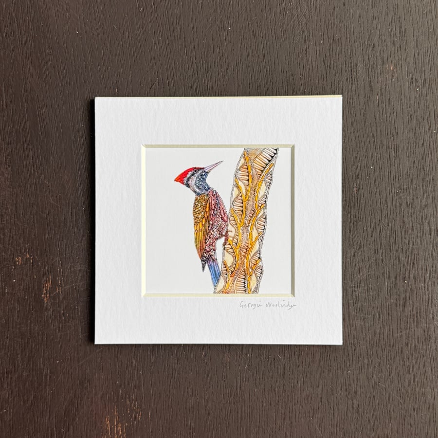 'Woodpecker' 5" x 5" Hand Finished Print
